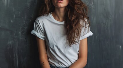 Fototapeta premium A woman with long brown hair wears a white t-shirt in a studio setting with a gray background. The shirt is blank with copy space
