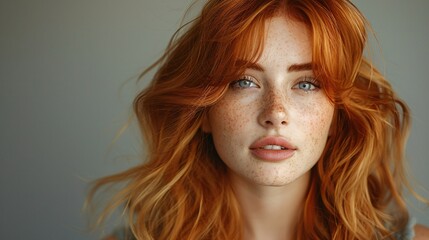 Naklejka premium A gorgeous woman with fiery red hair poses in casual attire against a neutral backdrop, showcasing her vibrant and well-maintained locks.