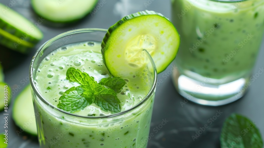 Poster Close-up of a refreshing cucumber and mint smoothie, served in a chilled glass with cucumber slices as garnish.