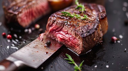 Close-up of a steak knife cutting through a tender filet mignon steak, revealing its juicy and succulent texture.