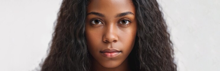 Fototapeta premium Portrait of a serious girl with long hair looking at the camera on a grey background 