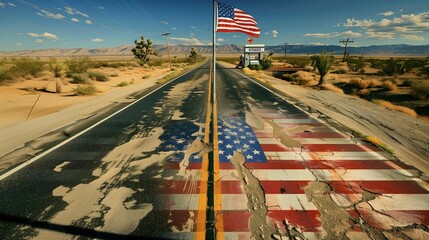 The American flag painted on a retro gas station sign in the middle of a desert highway.