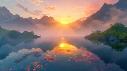 A serene sunrise over a misty mountain lake  with vibrant reflections,
