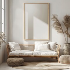 light wooden frame on a light wall in a romantic room, close-up view without corners. perfect for modern and artistic interior design settings