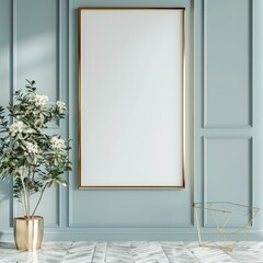 Large Gold Frame with White Screen Hanging on Soft Blue Gradient Wall, Elegant Interior Mockup