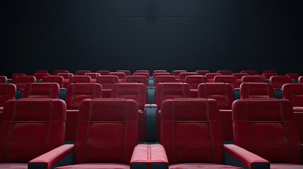 Naklejka premium Rows of empty red theater seats in a dimly lit movie theater