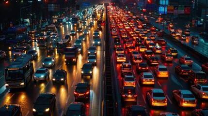Obraz premium People are stuck in a traffic jam in the middle of the highway during rush hour. Many cars crowded on the city road. Long way home and to work. Waste of time. Long wait. Evening or night lights.