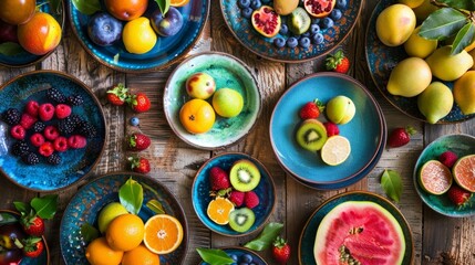 Fototapeta premium Colorful plates of tropical fruits and wild berries adorn the rustic wooden table adding a burst of vibrant hues to the scene.