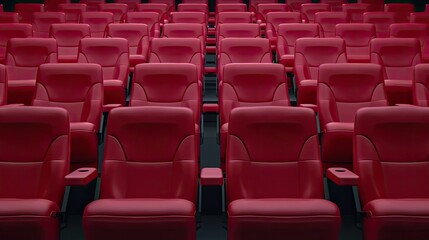 Obraz premium Rows of empty red theater seats in a dimly lit movie theater.