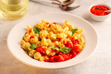 Sacсhettini pasta in a plate with tomato sauce.