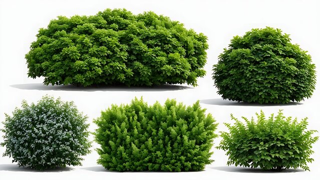 Variety of green bushes and shrubs in assorted shapes and sizes isolated on white background. Botanical elements for design and print. Gardening and landscaping concept