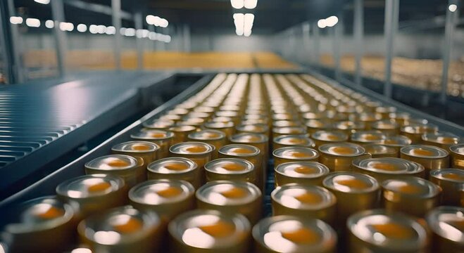 Canned food products on conveyor belt in distribution warehouse