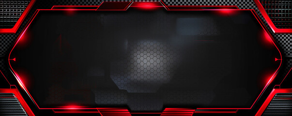 Modern tech template design concept with an abstract gaming background. Frame in metallic red and lustrous black on carbon fiber. Game layout vector graphic eps illustration