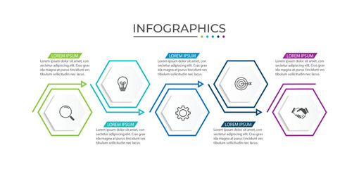 Business infographic design with 5 options. Vector thin line label with hexagons template.