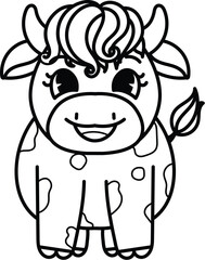 Obraz premium Bold line drawing calf or baby cow with editable stroke thickness for coloring page for kids. Vector illustration.
