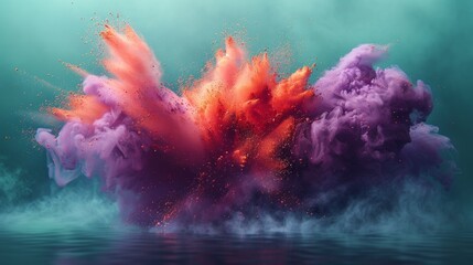 Colorful ink explodes underwater, creating vibrant abstract shapes with a teal background. Swirling orange, pink, purple, and red hues form a mesmerizing pattern resembling smoke