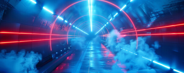 Neon lights, a tunnel, a hallway, red laser beams, and smoke are all on a blue abstract background. mild arch. Blue abstraction with neon, rays, and lines