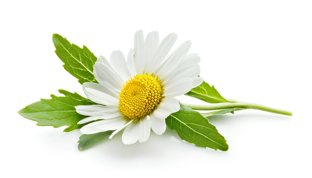 one chamomile or daisies with leaves isolated on white background