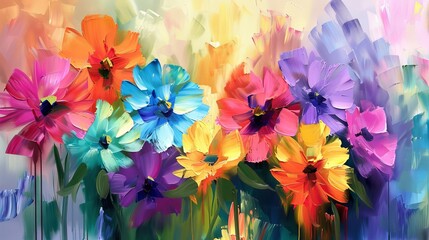 Abstract oil painting depicting a variety of colorful flowers blooming in a field, with thick brushstrokes and vibrant colors