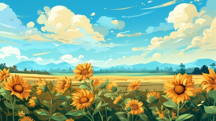 Naklejka premium Sunflower field background with bees, flat design, top view, summer theme, cartoon drawing, colored pastel
