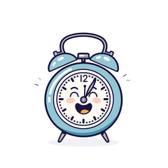 Cute blue alarm clock cartoon character with a smiling face, showing a happy expression and holding the time at 12 o'clock.