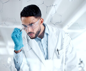 Man, scientist and writing equation on glass, problem solving and science in laboratory for...