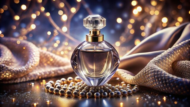 Luxurious crystal glass perfume bottle adorned with delicate water bubbles, surrounded by elegant velvet background, exuding opulence and sophistication.
