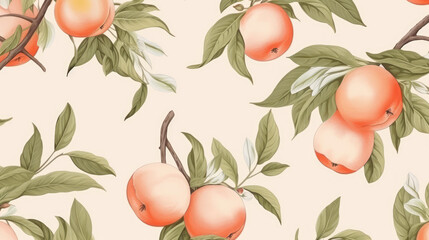 Fruit pattern. Seamless pattern of peach and leaves. Vintage botanical 3d illustration., generative ai