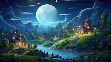 Enchanting magical fantasy fairytale magnificent village of elves in a against the magical forest with a huge moon, generative ai