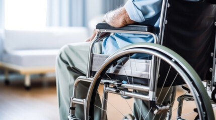 Obraz premium Disabled man on wheelchair in hospital, copy space., generative ai