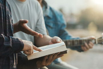 Christian Bible Study Concepts. Christian friend groups read and study the bible together in the...