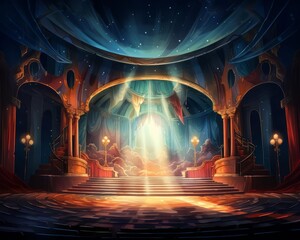 Theater background with stage lights, flat design, top view, dramatic theme, cartoon drawing, colored pastel