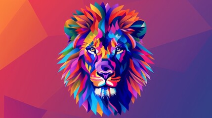 Vibrant geometric lion head in low poly style, blending sharp shapes and colors for a striking image. The intricate design captures the essence of the majestic animal with a modern twist