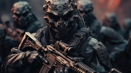 Army soldiers in Protective Combat Uniform holding Special Operations Forces Combat Assault Rifle. 3d render, generative ai