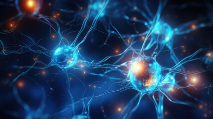 Active nerve cells. Neuronal network with electrical activity of neuron cells. Neuroscience, neurology, brain activity, nervous system and impulse, microbiology concepts., generative ai