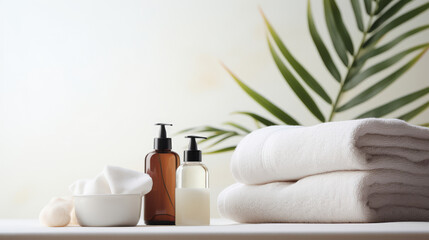 Toiletries, soap, towel on blurred white bathroom background. with copy space., generative ai