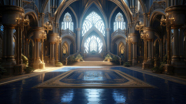 A realistic fantasy gold interior of the royal palace. golden blue palace. castle interior. Fiction Backdrop. concept art., generative ai