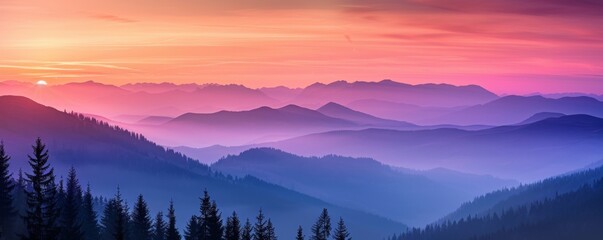 Fototapeta premium Stunning mountain landscape with majestic peaks shrouded in fog and a colorful sky reflecting in the morning mist. Creating a breathtaking blend of colors