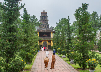 Hue, Vietnam - 6 Feb, 2024: Thien Mu Pagoda and Buddhist Temple, Hue, Vietnam