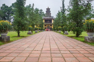 Hue, Vietnam - 6 Feb, 2024: Thien Mu Pagoda and Buddhist Temple, Hue, Vietnam