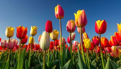  A vibrant tulip field ablaze with color under a clear blue sky  , © khunkorn Studio