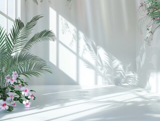 Abstract white studio background for product presentation. Empty room with shadows of window and flowers and palm leaves . 3d room with copy space. Summer concert. Blurred, Generative AI