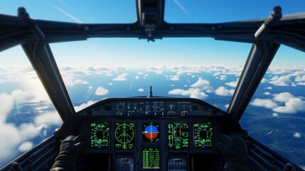 Pilots perspective from the cockpit of a fighter aircraft, detailed instrumentation, clear sky view, advanced HUD, high realism