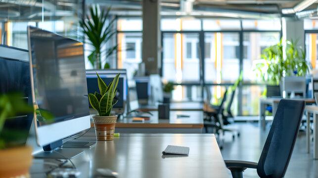Un bureau moderne et lumineux avec des ordinateurs, des chaises ergonomiques, et des plantes sur les bureaux.