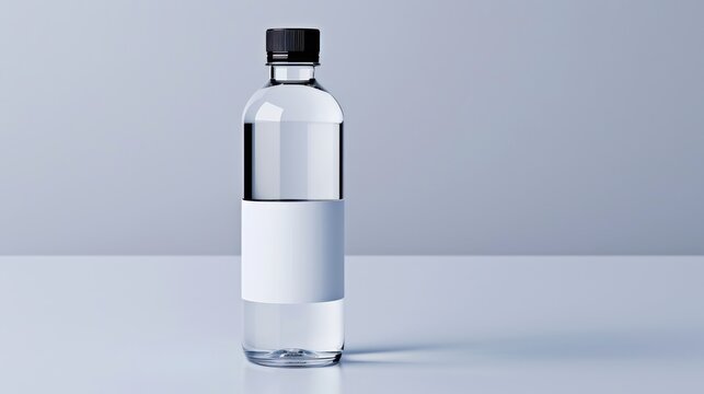 modern mineral water bottle with a sleek label standing upright on a white background The bottle is centered with studio lighting bringing out the clarity and minimalist design The image is captured