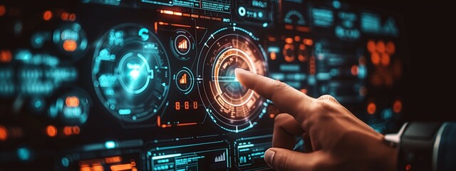 Hand points at interactive screen displaying futuristic digital graphics in business communication.