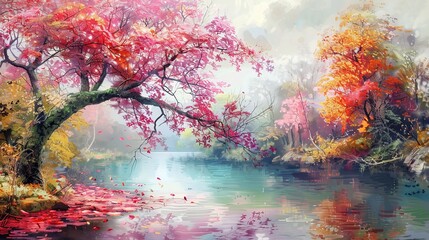 Colorful leaves gently fall into a serene lake, reflecting a lush forest on a misty autumn day