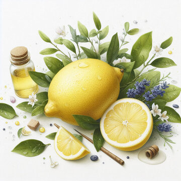 흰 배경, 레몬, 수채화 (White background, lemon, water colour)
