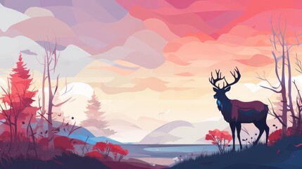 Tundra background with migrating caribou, flat design, top view, arctic theme, cartoon drawing, colored pastel