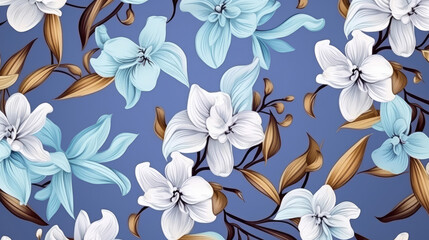 Seamless pattern with flowers and vanilla sticks. Orchid. Vintage botanical 3d illustration for printing fabric, wrapping paper, packaging., generative ai